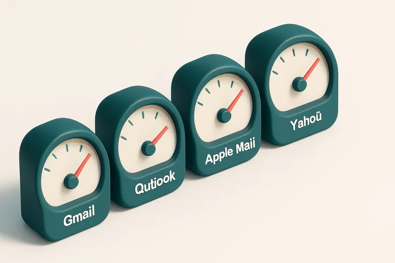 a row of four gauges, each labeled with a different email service: Gmail, Outlook, Apple Mail, and Yahoo