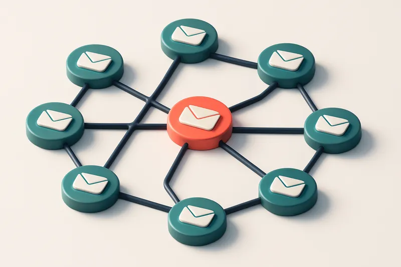 a network of small circular nodes connected by lines, each node representing an email inbox