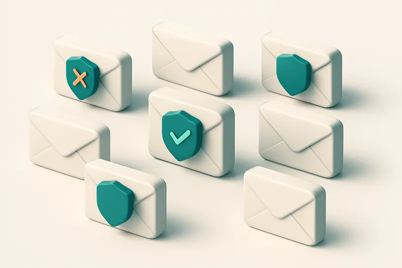 a grid of envelope icons with varying shield badges (one with a red 'X', one with a green 'check', others blank)