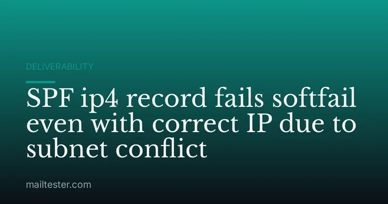 SPF ip4 record fails softfail even with correct IP due to subnet conflict